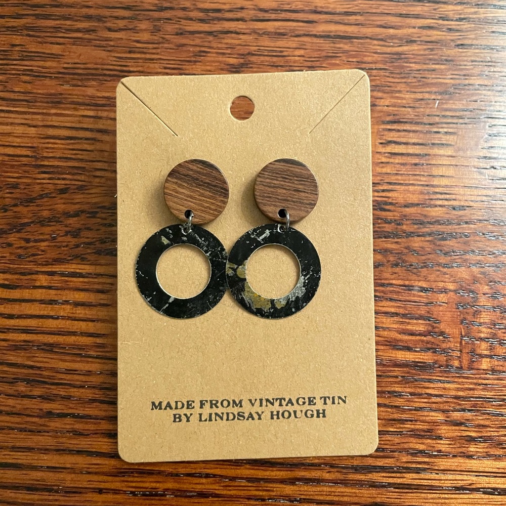 Modern earrings circles dangle vintage Japanese tea tin 1940s handmade NWT